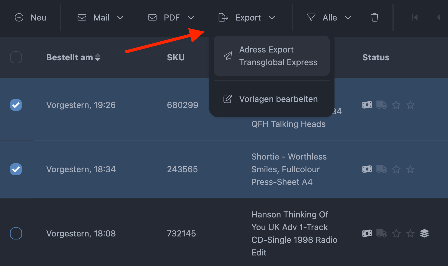 Screenshot Datensätze exportieren